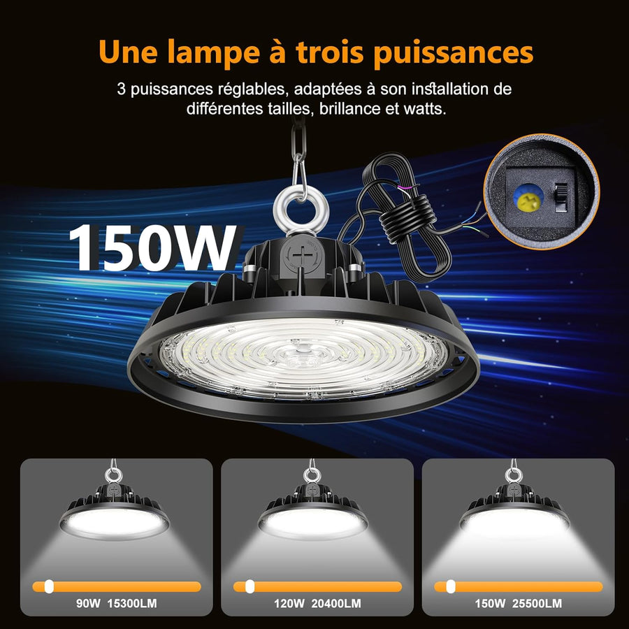 Projecteur LED UFO 150W Garage Atelier 22500LM Éclairage pour Atelier 4000K 120°Éclairage IP65 Lampe Industrielle Dimmable 90W/120W/150W Usines Entrepôts de Construction Garage