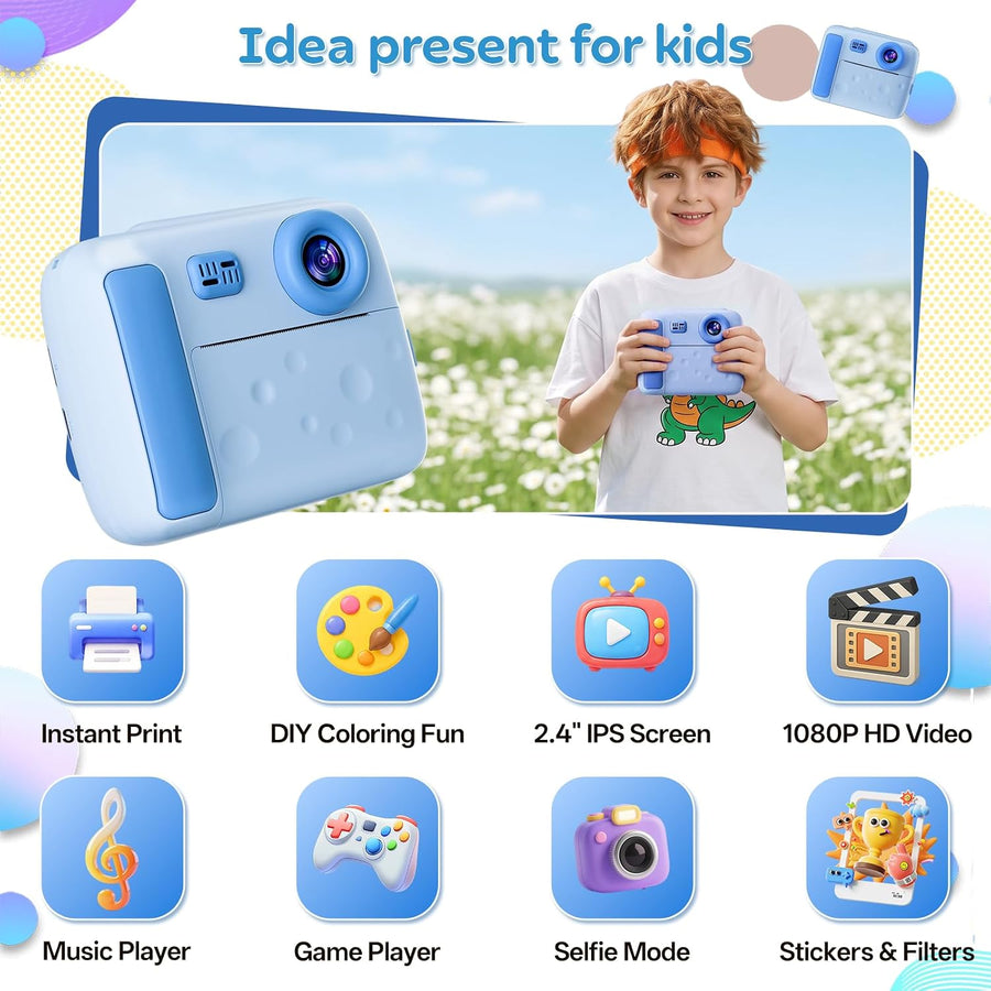Appareil Photo Instantané Enfant,écran 2.4D Antichoc,Vidéo 1080p Appareil photo instantané MP3,batterie 1300mAh,cadeau anniversaire fêtes pour filles garçons 3-12 ans,Camera Enfant,D3