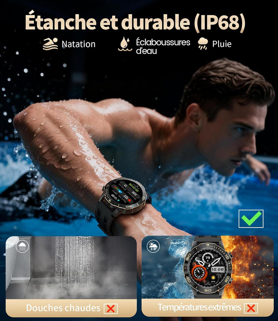 Montre Connectée Homme Militaire,1.43‘’ Grand Écran avec Appels/500mAh Longue Autonomie Batterie/Lampe de Poche/IP68 Étanche Fréquence Cardiaque/Pédomètre,2 Bracelet Smartwatch pour Android iOS