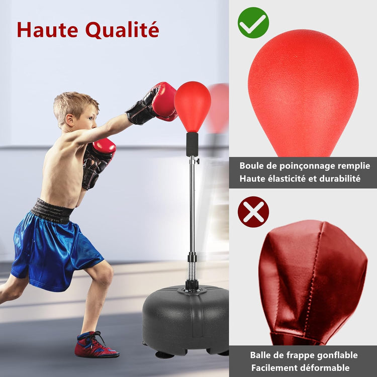 Punching Ball sur Pied Enfant Sac de Frappe Boxe avec Base à 6 Ventouses Hauteur Réglable 135-155 cm