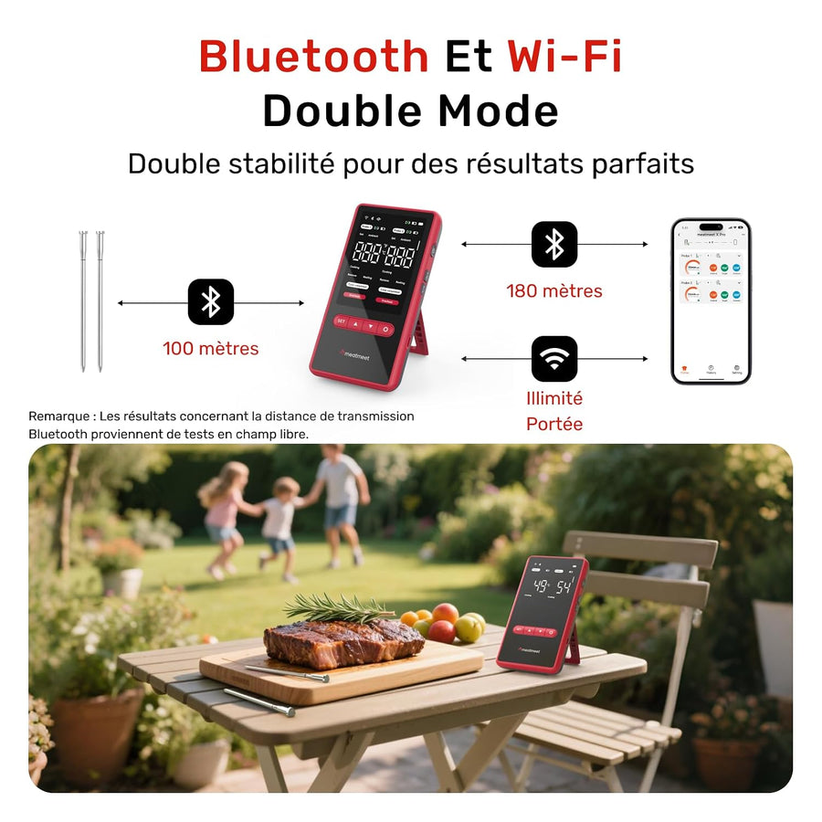 Thermomètre à viande sans fil avec Bluetooth et Wi-Fi, 2 sondes, 6 capteurs