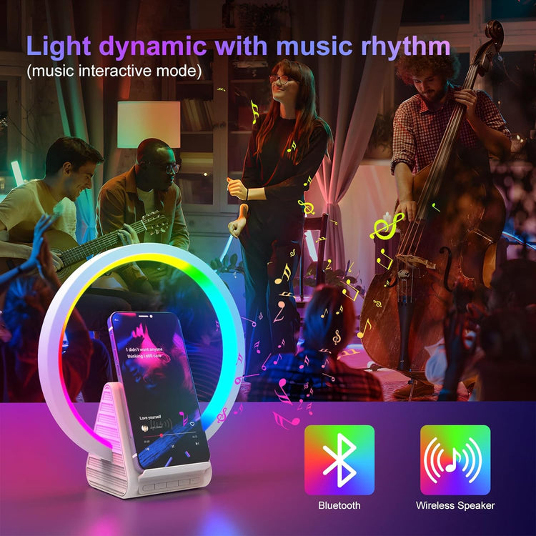 Lampe de Chevet Veilleuse LED 5 Lumières RGB Enceinte Bluetooth Chargeur Sans Fil 15W