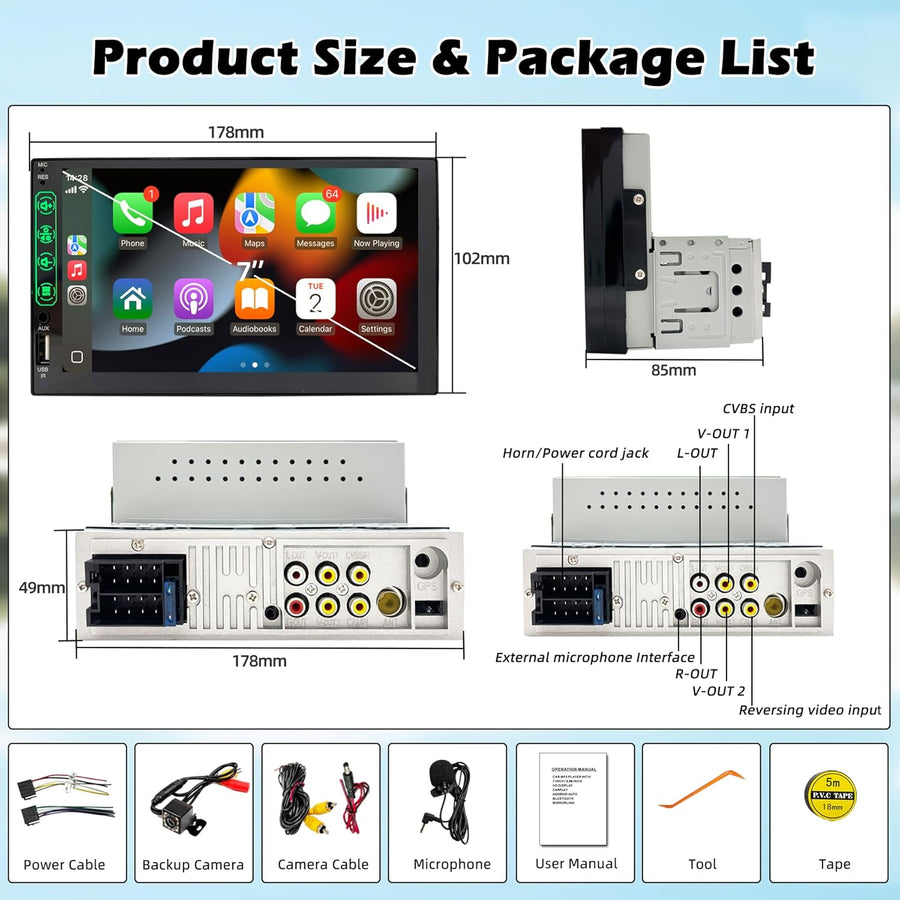 Autoradio 1 DIN avec Carplay et Android Auto - Écran Tactile HD 7 Pouces - Autoradio Bluetooth CarPlay 1 din Soutien MirrorLink iOS/Android et Caméra de Recul, Radio FM/USB/EQ/Mic