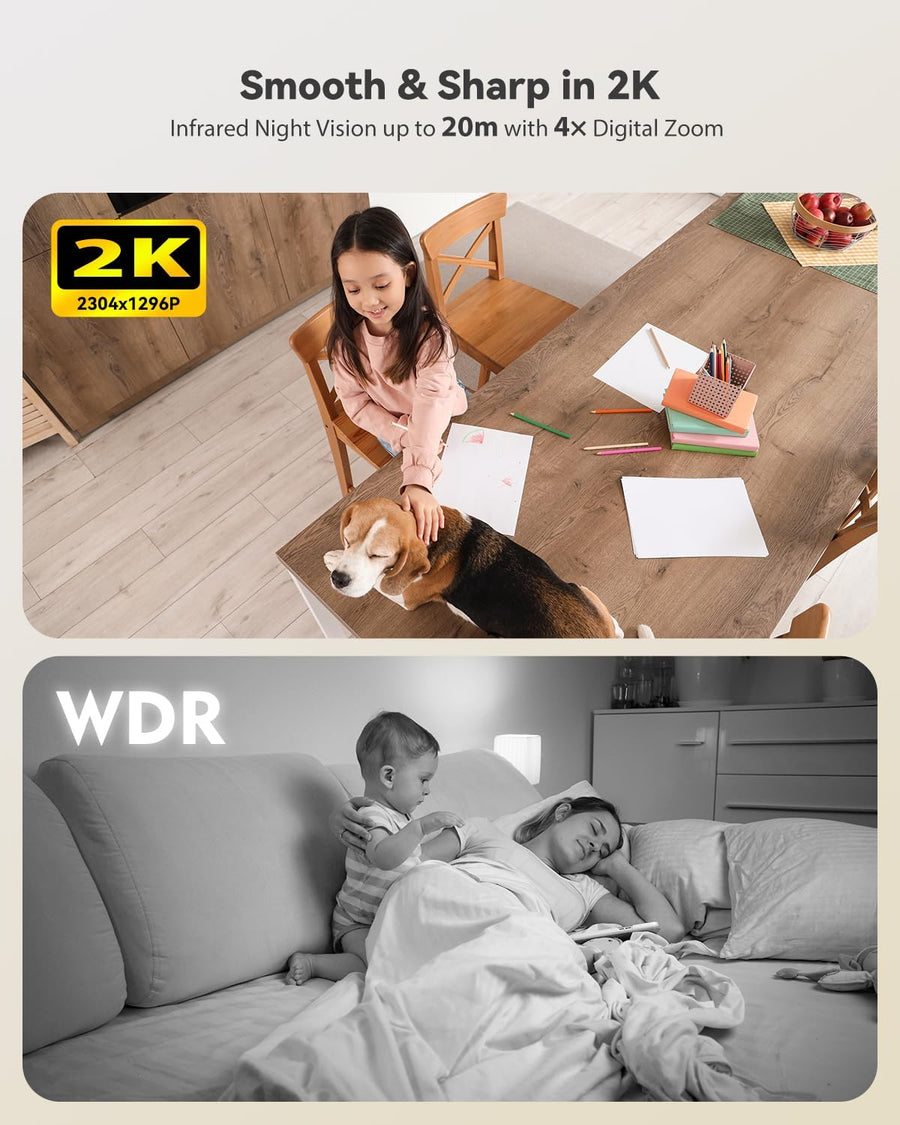 Caméra Surveillance Intérieure sans Fil Batterie, WiFi 2.4/5GHz, 2K Vision Nocturne Infrarouge 20 m, Accès PC/App, 128Go/Cloud Stockage, Détection PIR, Audio Bidirectionnel