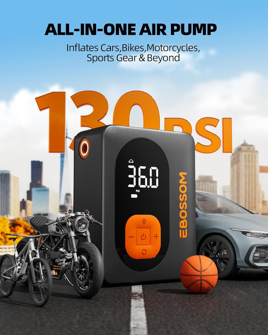 Gonfleur pneus Voiture, Compresseur à Air Portatif , Mini Compresseur Voiture Portable Electrique pompe a velo, Inflator Affichage Numérique et Lumière LED Vélos Motos Ballons Flexible de 15 cm