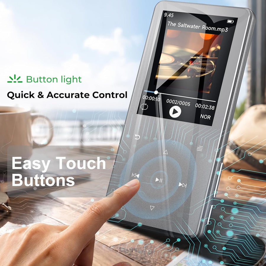 Lecteur MP3 64GB Bluetooth 5.3,Écran 2,4", Boutons Tactiles Extensible jusqu'à 128 Go, 45h d'autonomie en lecture, haut-parleur intégré, son Hi-Fi, radio FM et enregistreur vocal