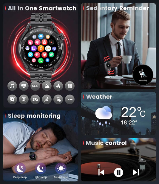 Montre Connectée Appels Bluetooth Assistant Vocal Intégré Ecran 1,39" Etanche Tracker NOIR