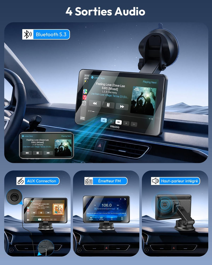 Écran Voiture 7 Pouces CarPlay sans Fil avec Caméra de Recul HD Android Auto Apple CarPlay,Portable Autoradio,Écran Tactile IPS,Mirror Link,Bluetooth 5.3,Commande Vocale,Navigation GPS,AUX