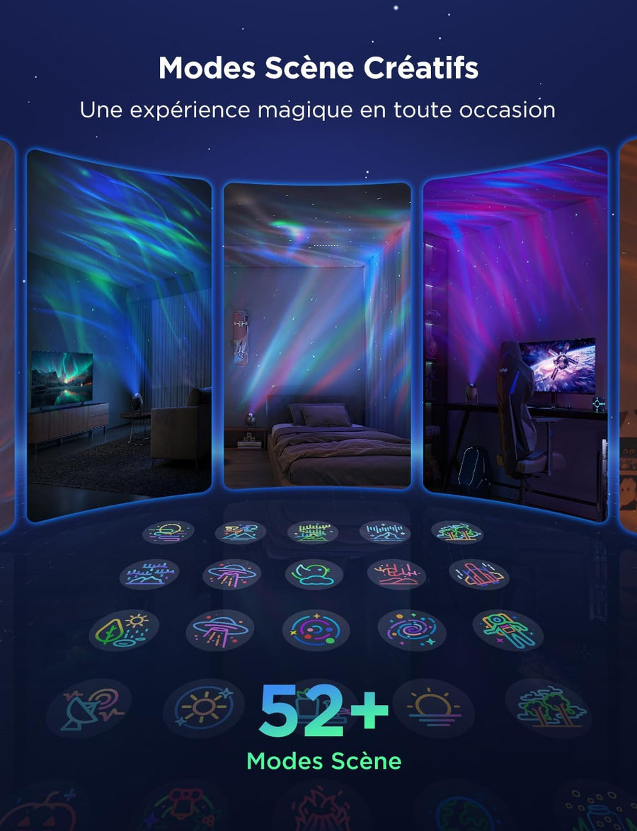 Projecteur Ciel Etoilé LED RGBW Galaxie avec 52 Scènes 18 Bruits Blancs Lumière Etoiles Plafond Alexa Matter Compatible Timer Veilleuse Enfant