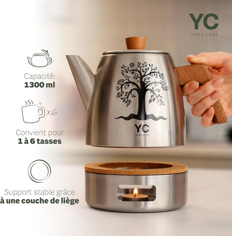 Théière en Acier Inoxydable 1,3L avec Infuseur – Théière Design avec Réchaud Chauffe-Thé et Poignée en Bois – Accessoire Elégant pour Infusion, Tisane et préparation de Thé en Vrac