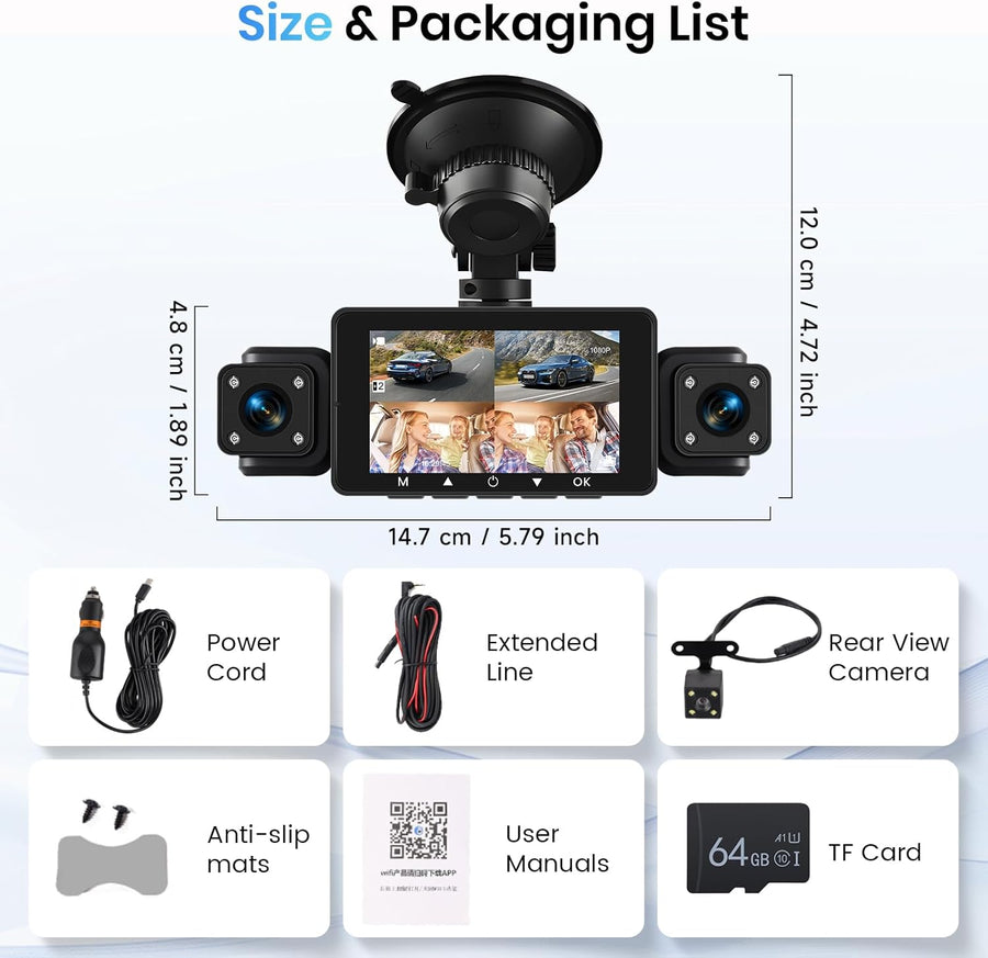 Dashcam Voiture 360° avec 5GHz WiFi, 4 Caméras Avant Arrière Intérieur Gauche, Nachtsicht Ohne Licht, Écran Tactile IPS 3", Enregistrement en Boucle, Capteur G,Contrôle Via Application