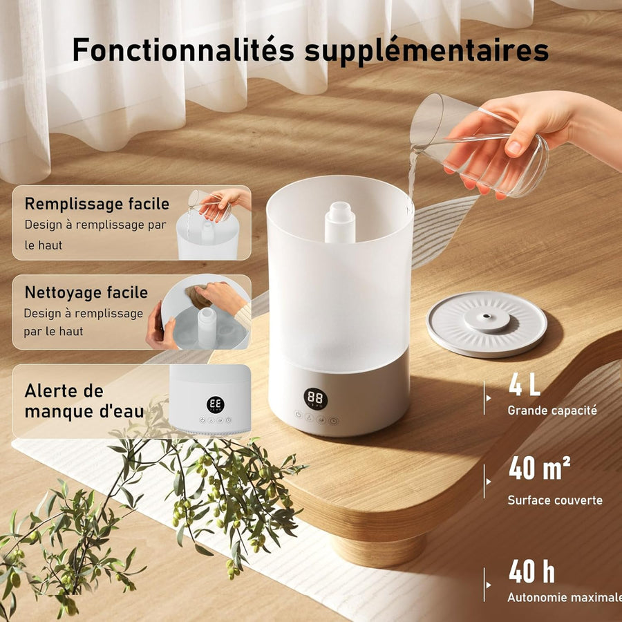 Humidificateur d'air Chambre 4L, Top-Fill, Télécommande, 40H Autonomie, Arrêt Automatique, Buse 360°, Minuterie 24 heures, 20 dB Silencieux