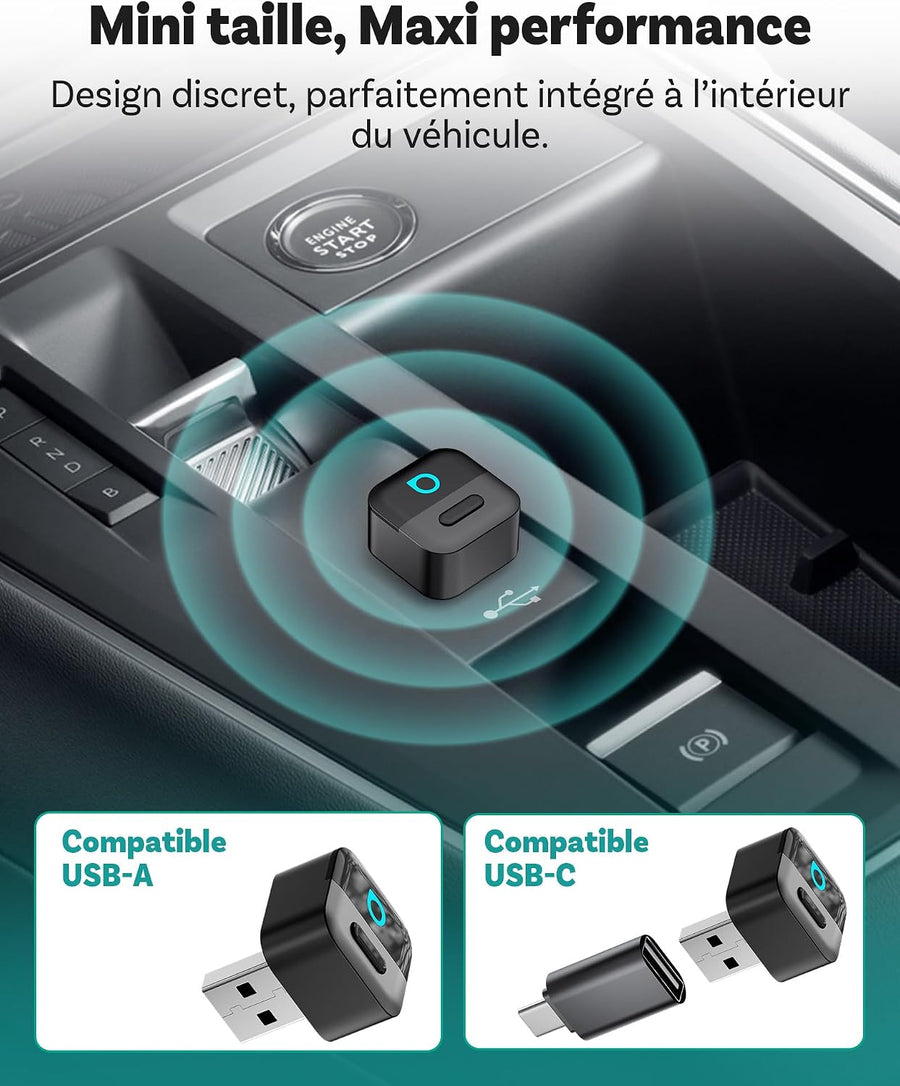 Mini Pico, Mini Cube Adaptateur CarPlay Sans Fil & Android Auto Plug & Play, WiFi 6, Bluetooth 5.4, Connexion Auto 5–8 s, Changement entre 2 Téléphones en un Clic