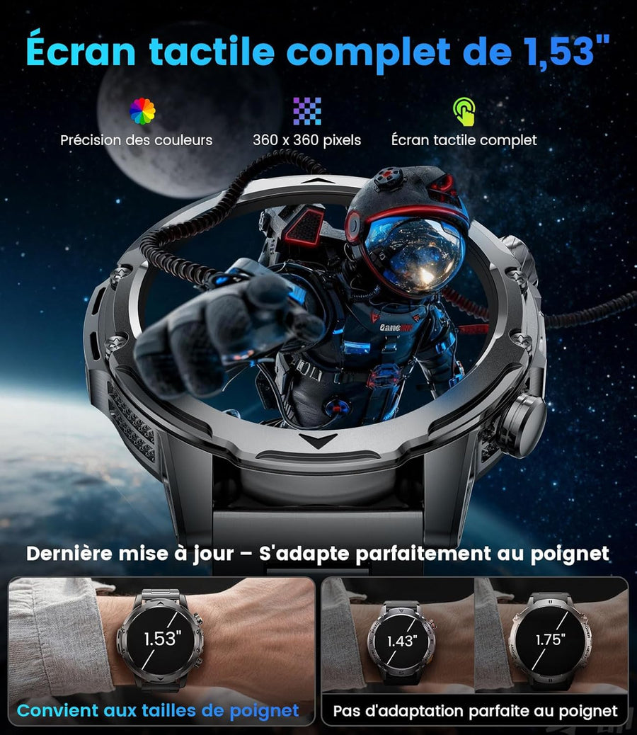 Montre Connectée Homme avec Appel Bluetooth, 1.53" HD AMOLED Smartwatch avec Batterie 1000 mAh(60+Standby Zeit)/Lampe de Poche/120+ Sportifs/Sommeil, IP68, Fitness Montre Connecté iOS Android