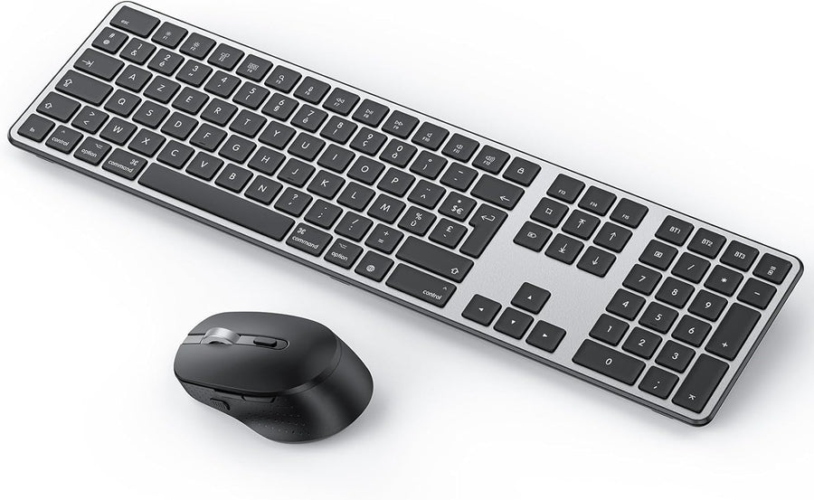 Kit Clavier et Souris Bluetooth pour Mac, Clavier et Souris sans Fil AZERTY Français Rechargeable avec 3 Canaux Bluetooth pour Apple Mac Pro/Mini, MacBook Pro/Air, iMac, iMac Pro, Gris Foncé