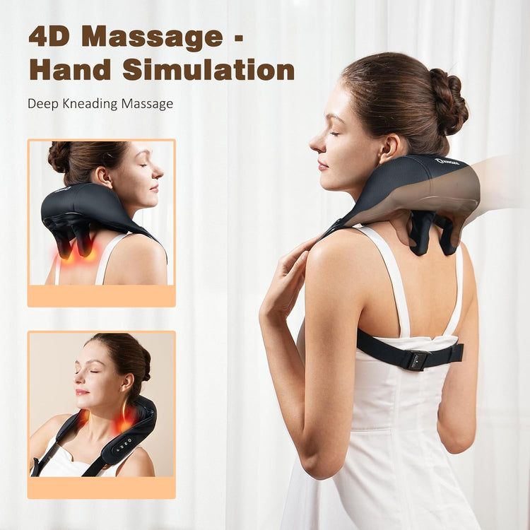 Masseur Shiatsu Sans Fil pour Cou Epaules Dos Chauffage Soulagement Douleur Tissus Profonds Oreiller Massage Pétrissage 6D NOIR