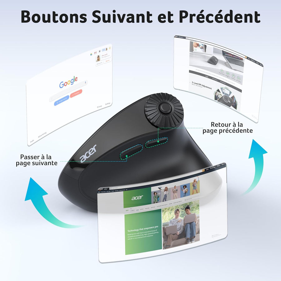 ACER Souris Ergonomique sans Fil avec Molette Défilement Latérale, Souris Verticale Bluetooth 4000 DPI (BT 5,2 + 2,4 GHz), Mouse Wireless, 8 Boutons, Récepteur USB pour iMac,PC