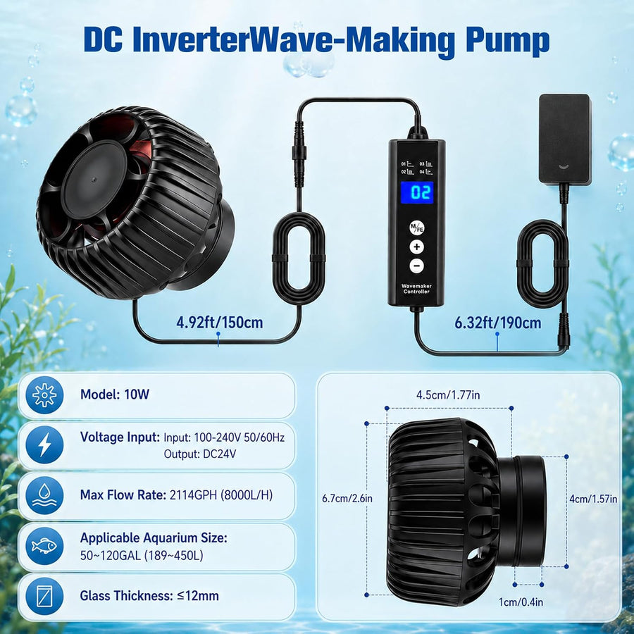 Mini Pompe à Vagues 8000L/H, 10W Pompe de Brassage pour Aquarium Wavemaker avec 4 Modes et 10 Niveaux Réglables, Orientable à 360°, pour Aquarium 70-350L Eau Douce et Salée