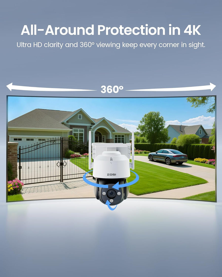 4K 8MP UHD Pan & Tilt Caméra de Surveillance WiFi Extérieure avec Carte Mémoire 64GB et Vue à 360°, Détection IA Visage/Véhicule, Suivi Automatique, Vision Nocturne, Audio Bidirectionnel