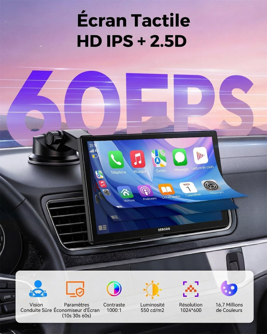 Écran CarPlay Voiture 9 Pouces  sans Fil avec Caméra de Recul HD Android Auto Apple CarPlay,Portable Autoradio,Écran Tactile IPS,Mirror Link,Bluetooth 5.3,Commande Vocale,Navigation GPS,AUX