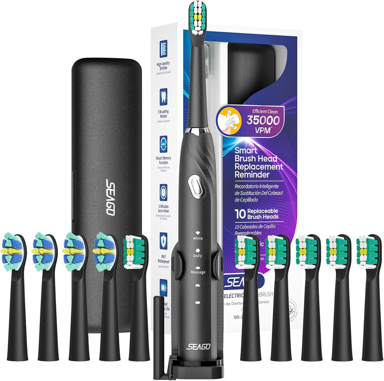 Brosse À Dents Électrique Rechargeable Avec 3 Modes de Brossage 10 Tête de Rechange NOIR