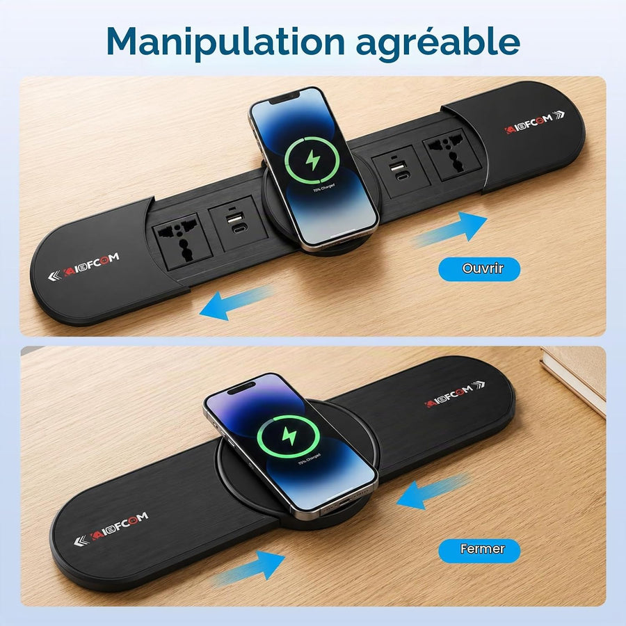 Prise Encastrable de Bureau avec Capot Coulissant Métallique Multiprise 6-en-1 avec Chargeur Sans Fil 15W Qi, 2 AC 2 USB-A 2 USB-C, 2500W, pour Bureau Cuisine