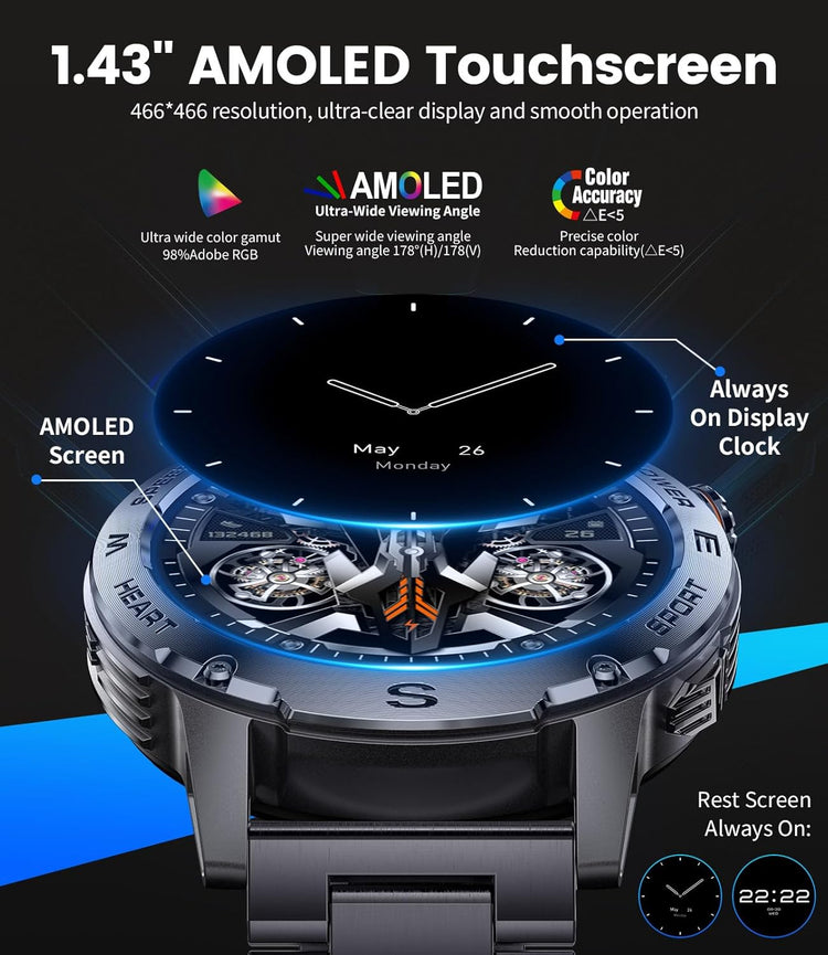 Montre Connectée Bluetooth Ecran 1,43 Pouces Montre Intelligente Etanche IP68 Mode Sportif