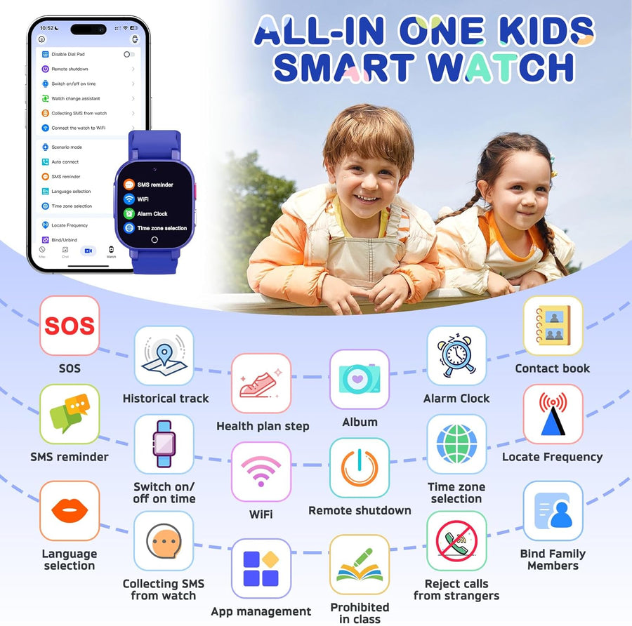 Montre Connectée Enfant GPS, Montre Intelligente 4G pour Enfants Fille et garçon à Téléphoniques,Appel Vidéo,Voix Chat,WiFi,SOS,Mode Classe,Alarme,Musique 4-12 Ans