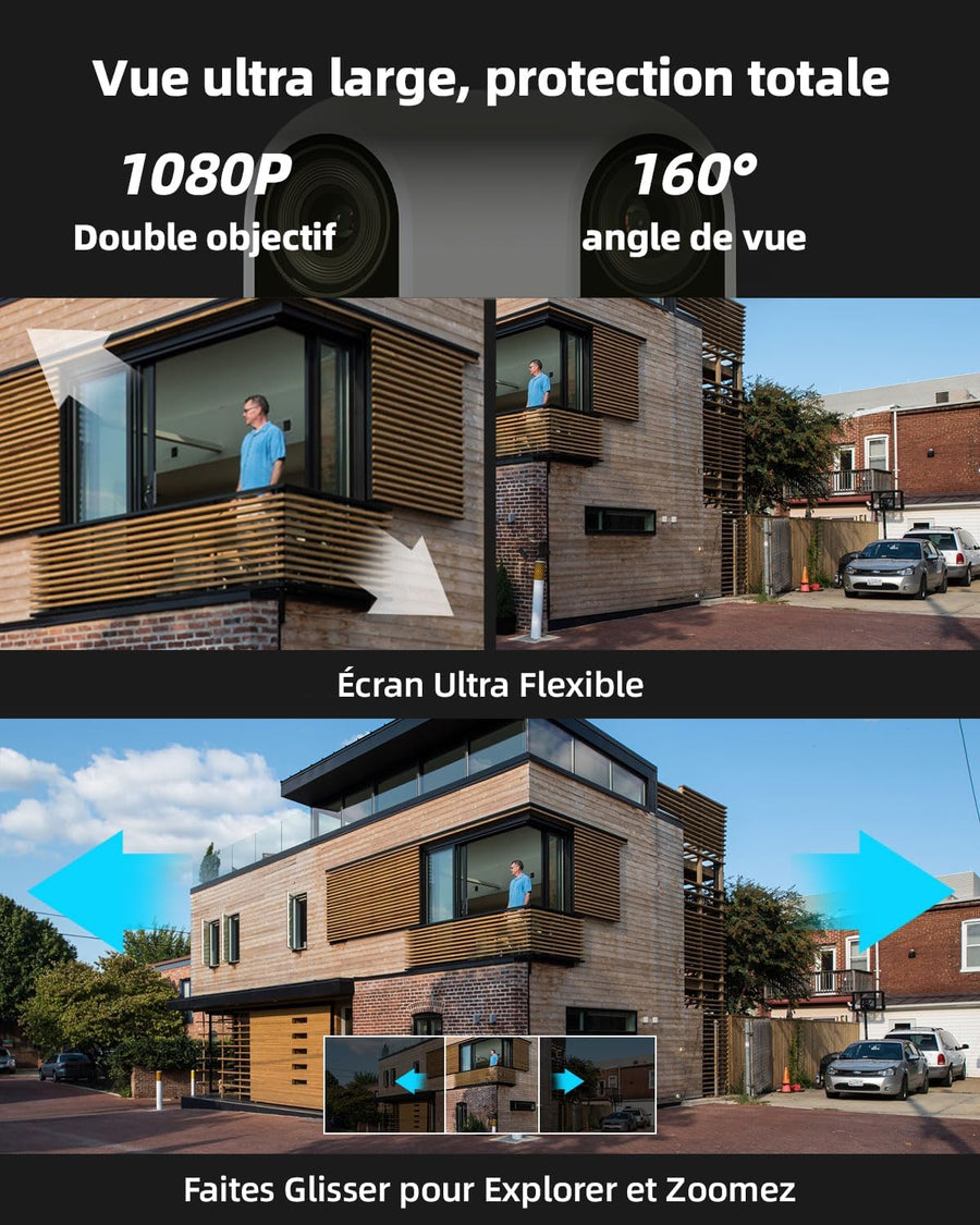 Caméra Surveillance Extérieure WiFi sans Fil, Solaire, Double Objectif & PIR, Vision Nocturne Couleur, Audio Bidirectionnel, Batterie, IP65, Stockage Cloud/SD KAKI