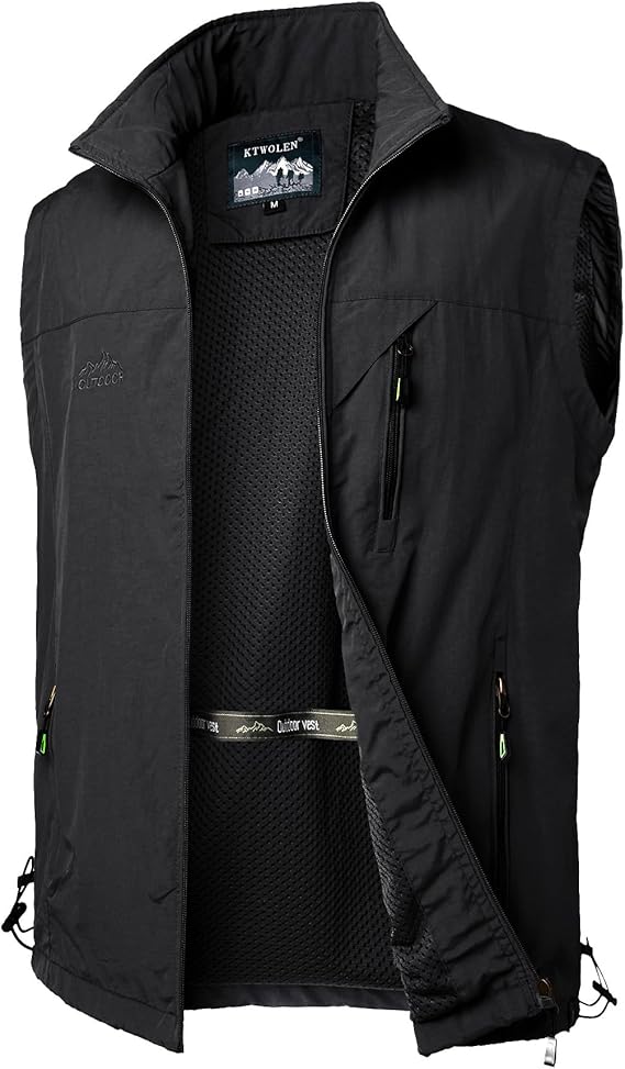 Gilet à Séchage Rapide pour Hommes Gilet de Pêche Respirant Gilets de Photographie Chasse Léger Veste sans Manche Gilets de Randonnée Taille L NOIR