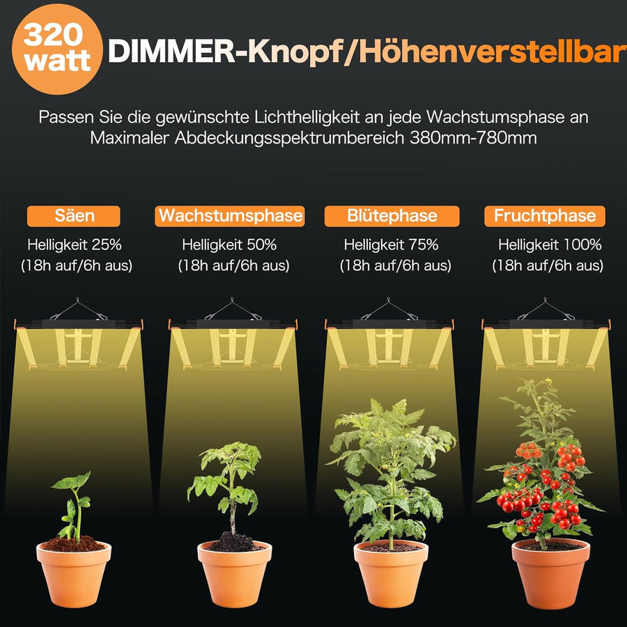 Lampe de Culture LED 320W pour Plantes Intérieur, Spectre Complet Diodes Samsung, Couverture 60x60cm, Dimmable/Enchaînable - Serre Germination Croissance Floraison