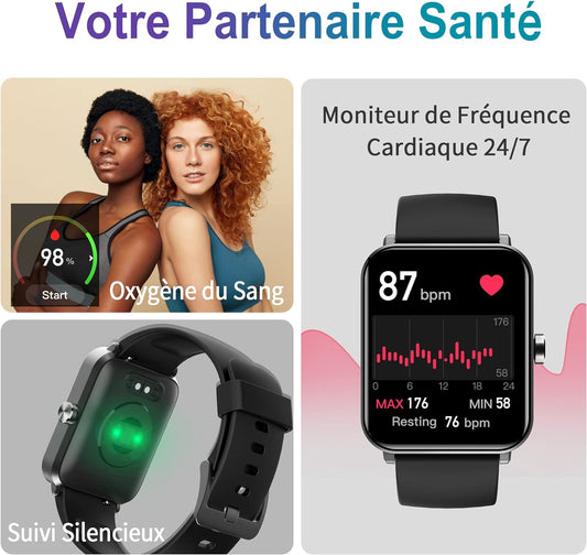 Montre Connectée Appels Bluetooth Assistant Vocal Intégré Ecran 1,69" Etanche Tracker NOIR