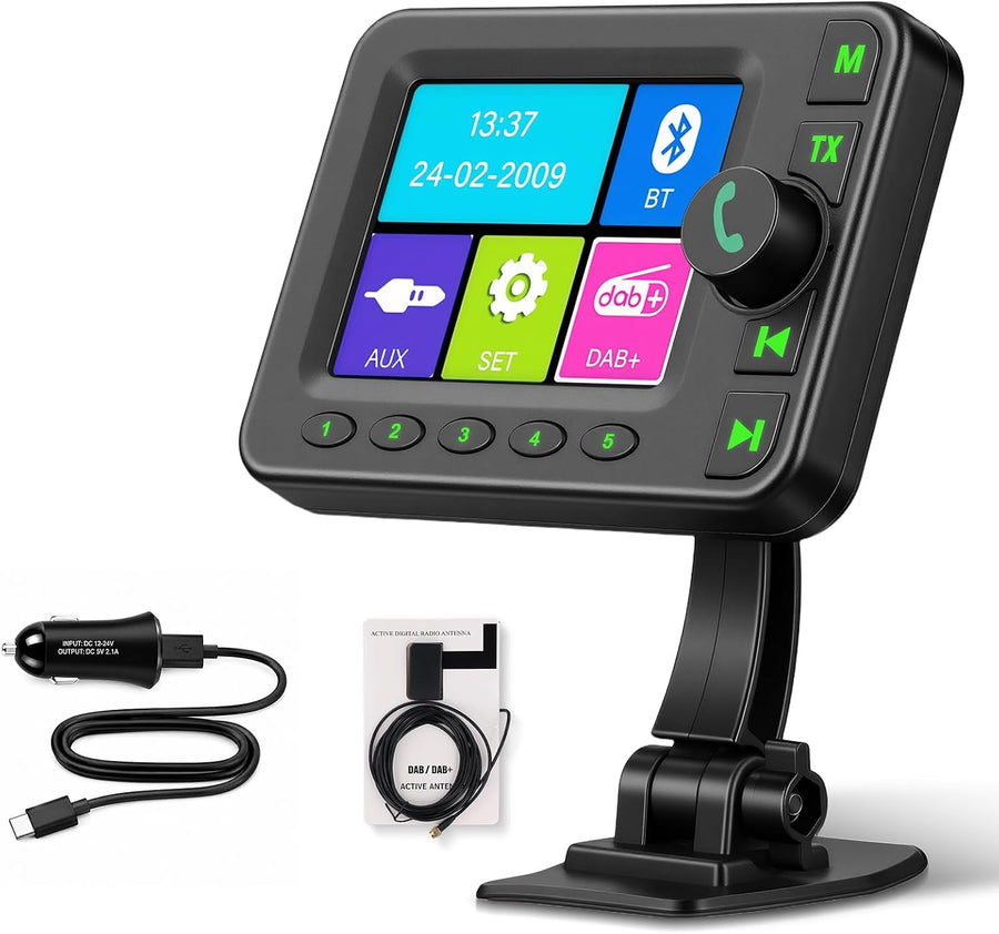 Hodozzy Adaptateur Dab pour Autoradio, Plug&Play Adaptateur Dab+ Voiture Récepteur DAB Portable avec Bluetooth Mains Libres, Emetteur Bluetooth pour Voiture avec Ecran LCD 2,8 Pouces, AUX et USB