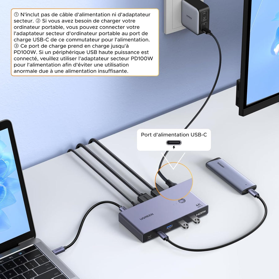KVM Switch HDMI USB C 4K 60Hz 2 Entrées 1 Sortie avec 4 Ports USB 3.0 3A1C 5Gbps Commutateur KVM Câble HDMI et Câble USB-C Vidéo Inclus