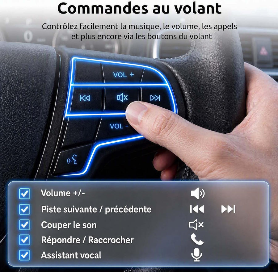 Ecran CarPlay Autoradio 1 DIN 6,86" InCell, Android Auto sans Fil Trajets et Voyages Stationnement Facile Caméra 12 LED Touches Piano Bluetooth 5.0 FM Commandes Volant Type-C 4×45 W