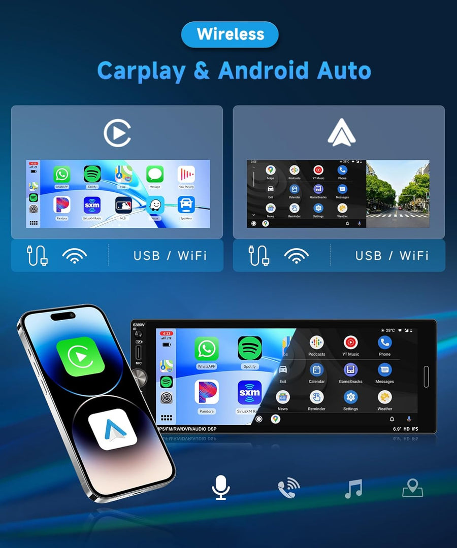 Autoradio 1DIN avec Wireless CarPlay & Android Auto,Autoradio 1 Din avec 6.9 Pouces IPS Touchscreen Mains Libres Bluetooth FM EQ Type-C USB Commande au Volant Caméra Recul Microphone