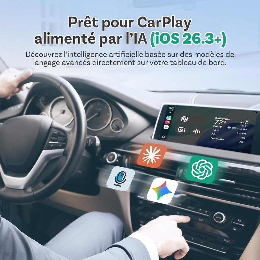 Mini Pico, Mini Cube Adaptateur CarPlay Sans Fil & Android Auto Plug & Play, WiFi 6, Bluetooth 5.4, Connexion Auto 5–8 s, Changement entre 2 Téléphones en un Clic