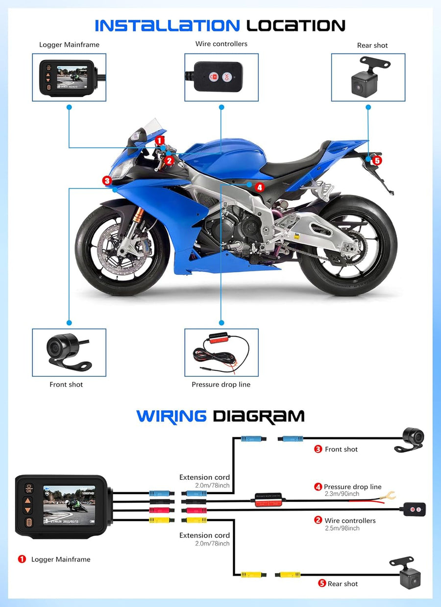 Dashcam Moto 1080P avec Caméra Avant + Arrière, 2 Pouces IPS HD Écran Voiture Dash Cam Moto avec IP65, Détection de Mouvement, Surveillance Parking pour Universel Motos