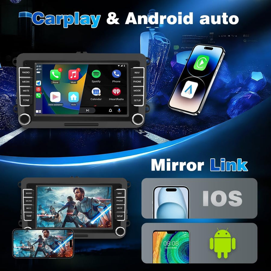 Autoradio 7" Carplay pour VW Golf 5 6 Polo CarPlay & Android Auto Sans Fil, Bluetooth, FM radio, DSP, 4x45W, Caméra Recul Dyn, Microphone