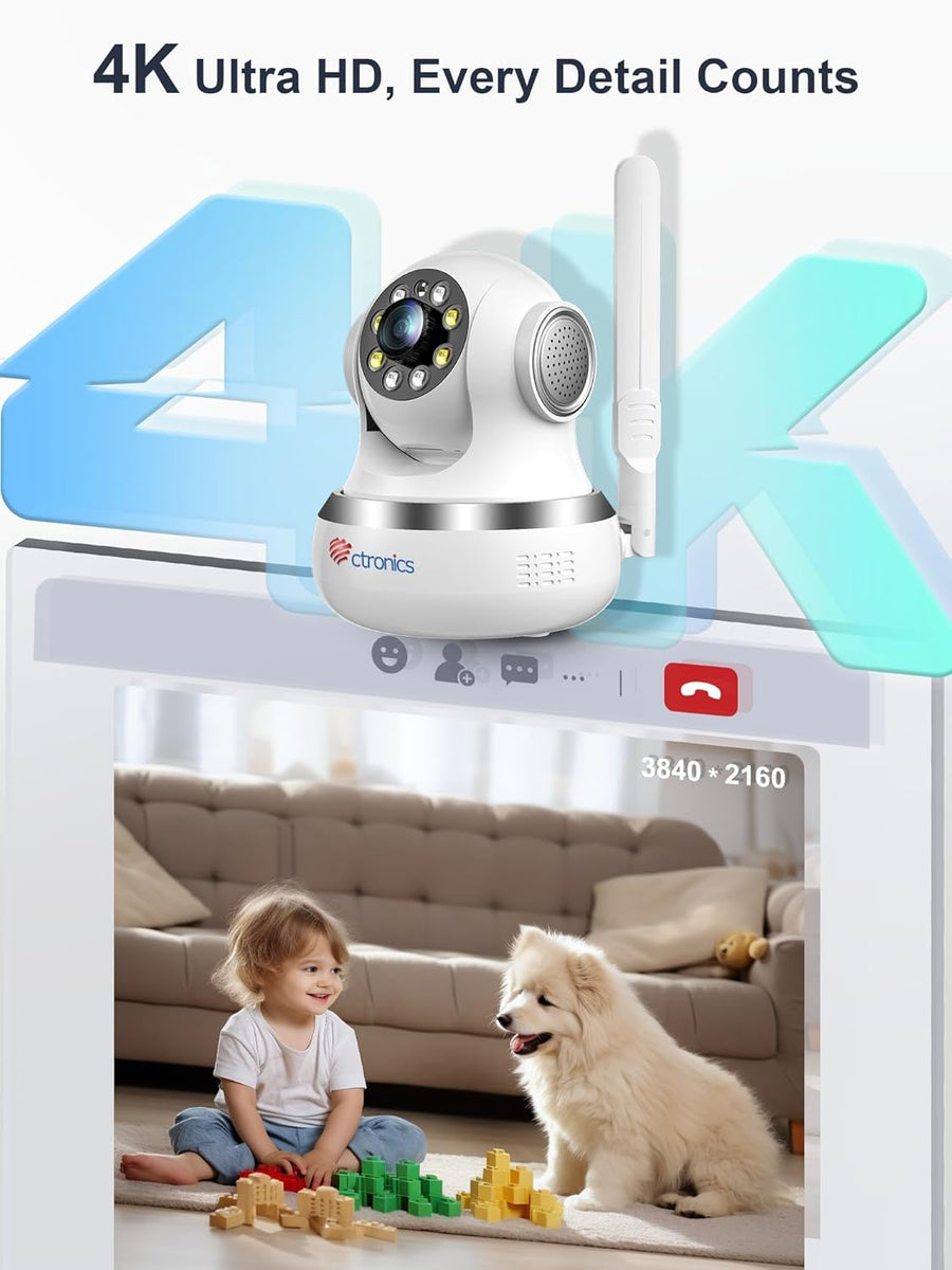 Ctronics 4K Caméra Intérieure, 5G/2,4Hz Wi-FI, Suivi Automatique, Vision Nocturne Couleur, Alarme Sonore et Lumineuse, 8 Positions Préconfigurées, App & PC, Cloud/256GB TF/FTP