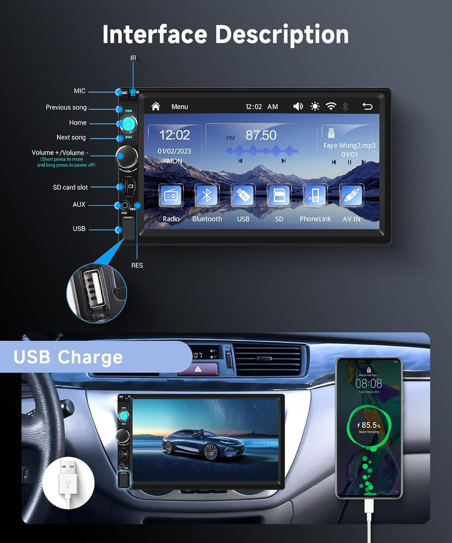 Autoradio 1 Din avec Carplay Android Auto sans Fil, 7 Pouces IPS HD Écran Tactile Poste Radio Voiture Soutien Bluetooth Radio FM EQ USB/TF/AUX Mirror Link SWC Caméra de Recul