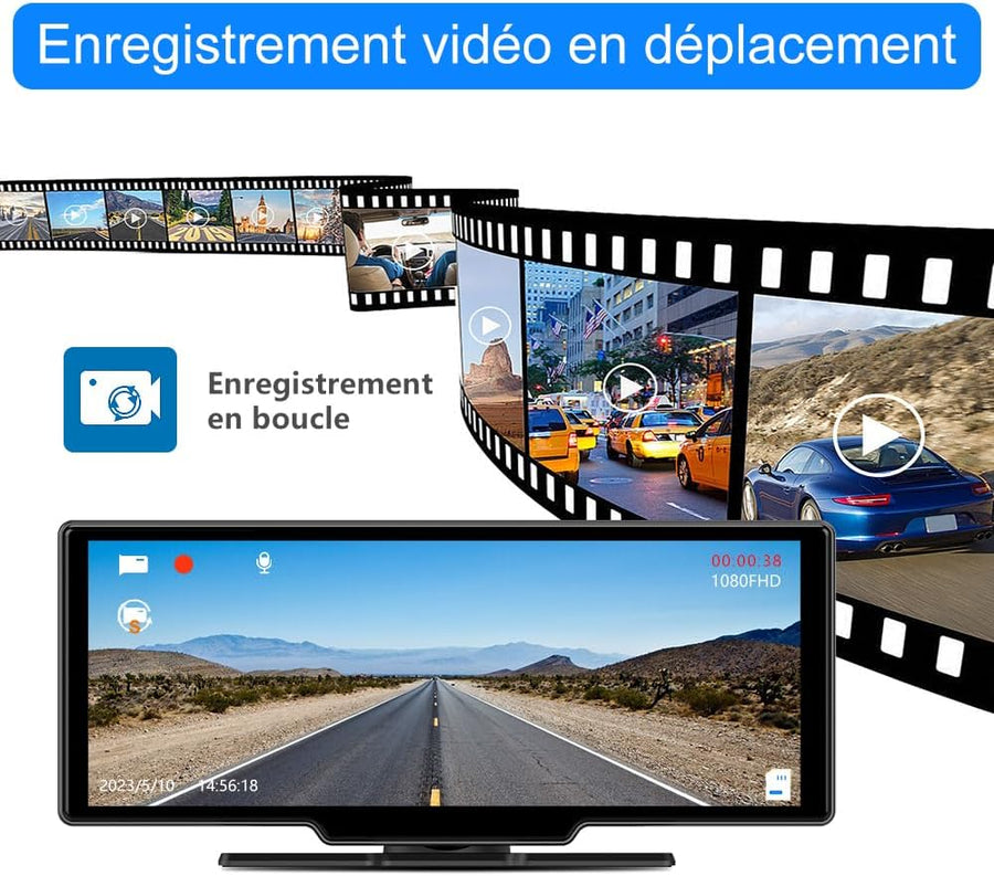 Carplay Voiture & Android Auto,10,26” Écran Carplay avec Dashcam Avant 4K, Caméra Arrière 1080P Inclus, Commande Vocale, BT/GPS/FM/AUX