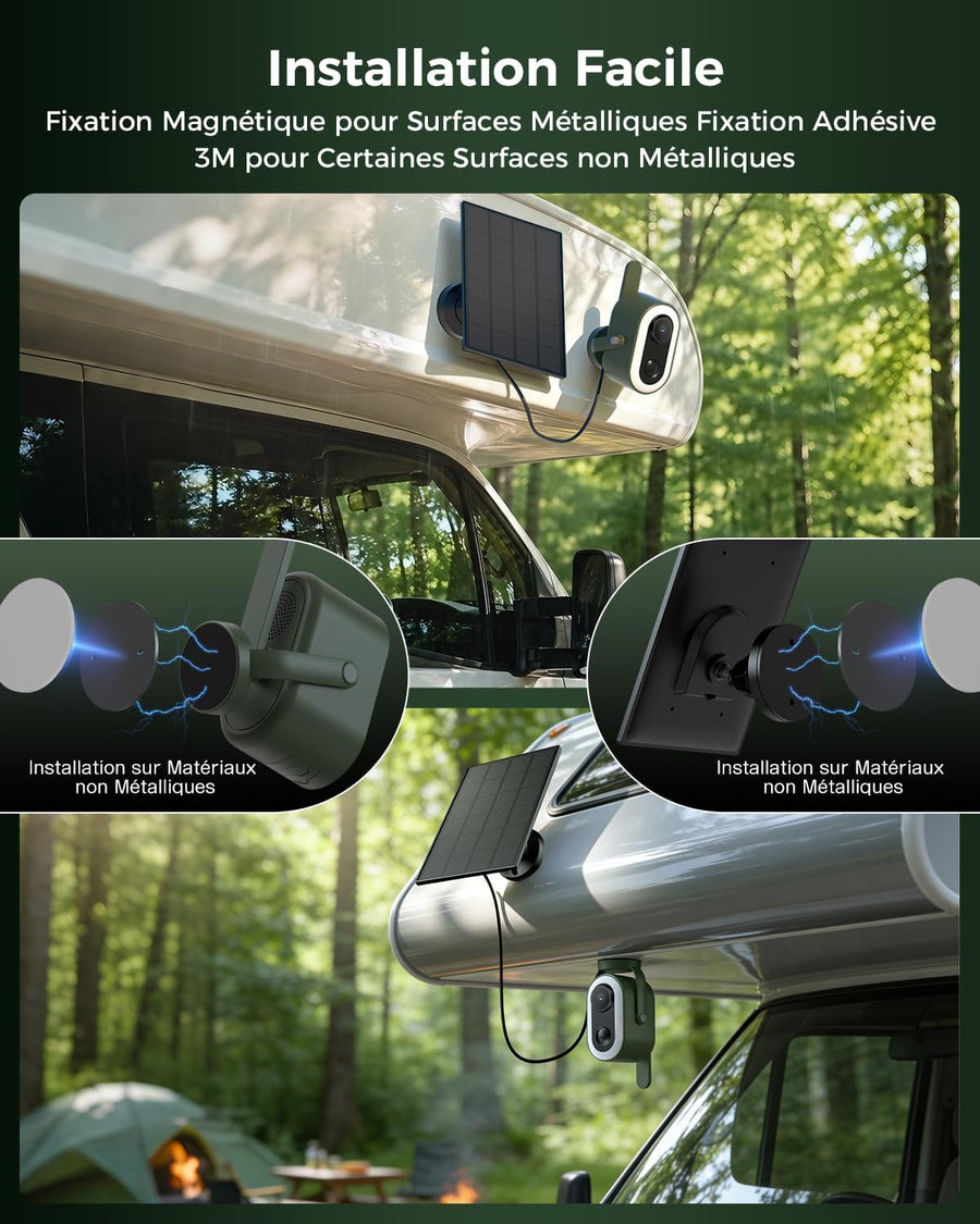 Caméra 4G avec Carte SIM Solaire Magnétique sans Fil Extérieur 2K Camera avec 3W Panneau Solaire 6000mAh Batterie, PIR Humaine Détection pour Camping-cars et Stationnement Temporaire