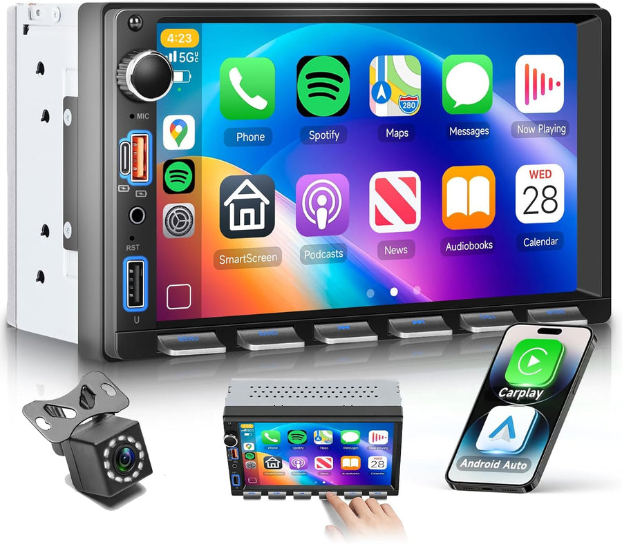 Autoradio 7" 2 Din avec carplay sans Fil Android Auto,Radio FM avec Blurtooth,navi GPS,2 USB/SD/AUX,vidéo en Ligne,Lien Miroir,Voiture à écran Tactile IPS avec caméra de recul/Touches Piano