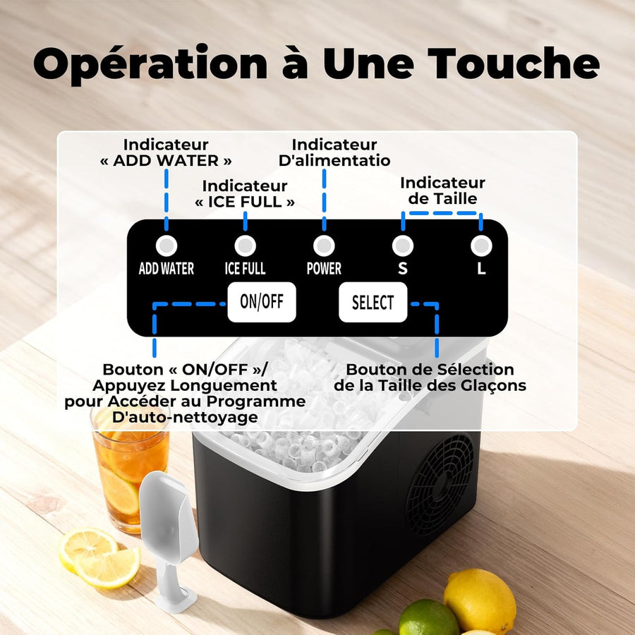 Machine à Glaçons, 12kg en 24h, Portable Machine a Glacons avec Cuillère à Glace, 8 Glaçons en 6-8 Minutes, Autonettoyante