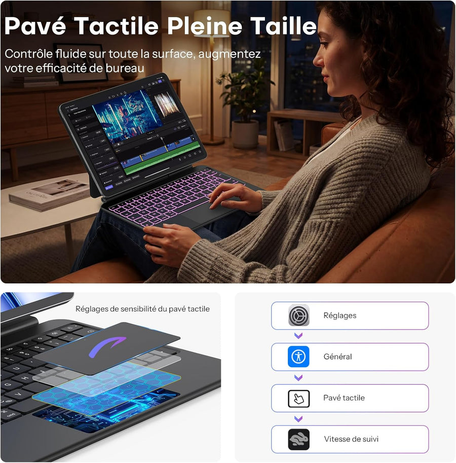 tui Clavier pour iPad Air 11 (M3/M2, 2025/2024)/Air 5/4 avec Trackpad, Magic Keyboard pour iPad Pro 11" (4/3/2/1 Gen) Français AZERTY ISO-FR, 7 Couleurs Rétroéclairées, Portable, Noir
