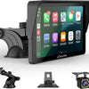 Écran Carplay Portable, Carpuride V3R sans il Airplay&Android Auto, écran Tactile HD 1080P 7 Pouces avec caméra de recul 720P réelle/BT 5.0/Mirror Link/Lecture USB/Puce de réduction du Bruit AUX