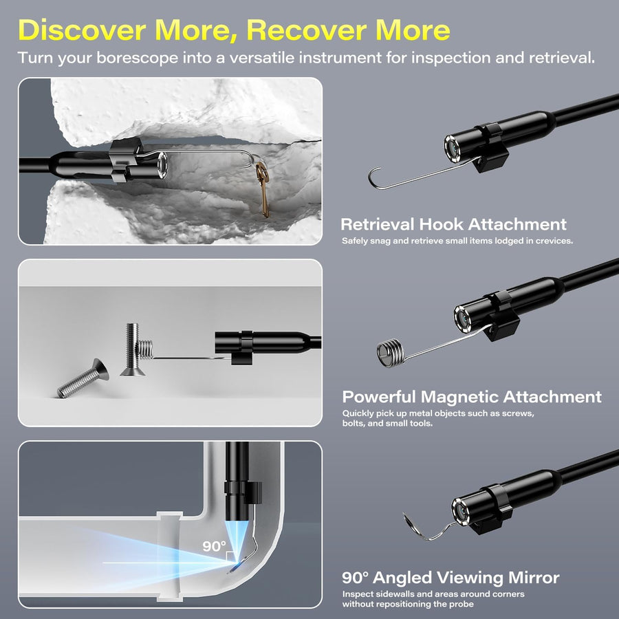Caméra Endoscopique avec Lumière, 8mm IP67 étanche, écran IPS 4,3 Pouces, Caméra d’Inspection HD 1080P avec 8 LEDs Ajustables, Câble Semi-Rigide 5m – Pas de Wi‑FI, Pas d’Application