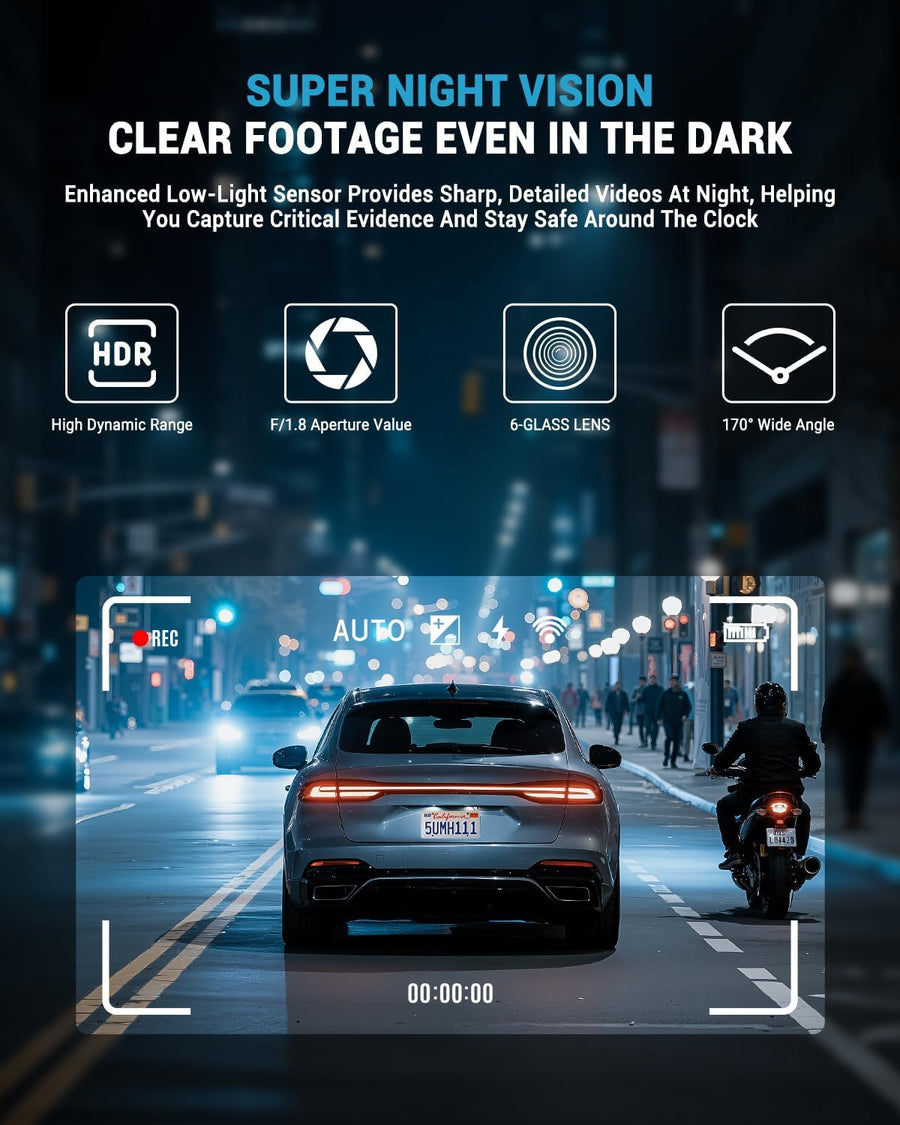 Caméra de Voiture Avant WiFi 6 Contrôle Via Application 2160P Capteur G Intégré Enregistrement en Boucle Vision Nocturne Mode Parking 24H WDR Dash Cam 64GB Incluse