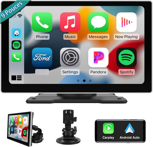 Ecran Carplay 9" Carplay Sans Fil Android Auto Airplay PhoneLink Écran de Voiture Portable Tactile Full HD Bluetooth